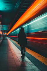 Retrato mujer paseando por el andén de una estación de metro  - obrazy, fototapety, plakaty