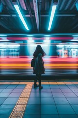 Retrato minimalista de una mujer sorprendida en el subway, chica asustada con el ruido del tren  - obrazy, fototapety, plakaty