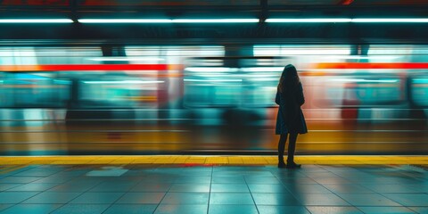 Mujer esperando en la estación de tren de New York  - obrazy, fototapety, plakaty