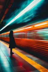 retrato vertical minimalista de una mujer mientras pasa a toda velocidad el tren, esperando en el subway  - obrazy, fototapety, plakaty