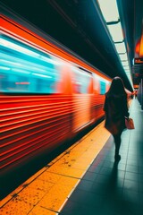 Retrato mujer paseando por el andén de una estación de metro  - obrazy, fototapety, plakaty