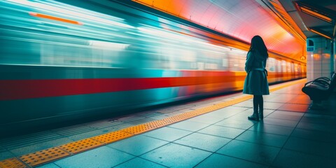 retrato panorámico minimalista de una mujer mientras pasa a toda velocidad el tren, esperando en el subway  - obrazy, fototapety, plakaty