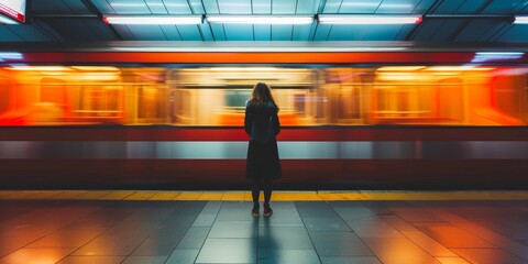 mujer esperando el próximo tren en el andén de la estación - obrazy, fototapety, plakaty