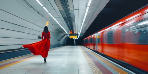 mujer con vestido rojo paseando por la estación de tren