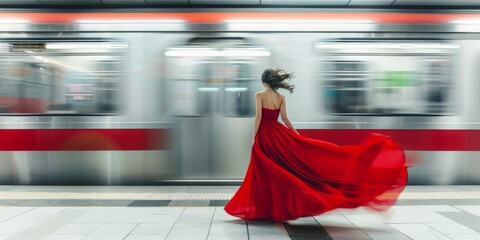 Mujer con vestido rojo largo esperando el tren, fotografía editorial vestido rojo de moda 