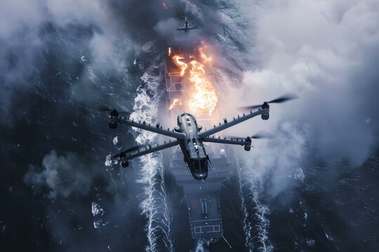 War zone scene: drone flies past burning naval ship