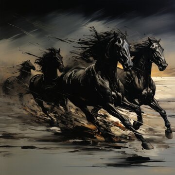Horse, horses, black stallion. Gallop, galloping. Present paint.