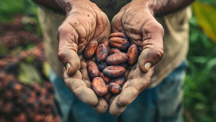 man holds a handful of cocoa beans. generative ai - obrazy, fototapety, plakaty
