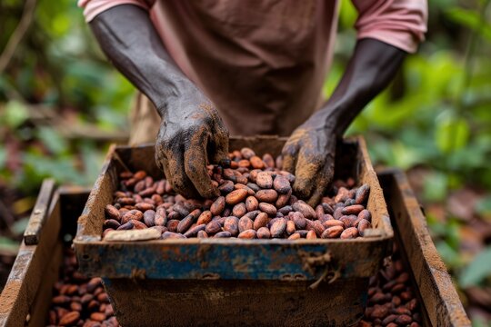 person selecting cocoa beans. generative ai