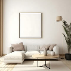 Living room wall poster mockup. Interior mockup with house background. Modern interior design. Frame mockup, 3D render