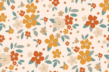 Seamless floral pattern, liberty ditsy print in delicate natural colors. Pretty botanical design in a retro motif: simple hand drawn small flowers, tiny leaves abstract on light. Vector illustration.