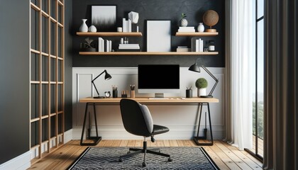 A tranquil minimalist home office setup with a white desk, modern chair, and decorative plants under a simple wall clock.