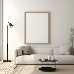 Living room wall poster mockup. Interior mockup with house background. Modern interior design. Frame mockup, 3D render