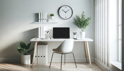 A tranquil minimalist home office setup with a white desk, modern chair, and decorative plants under a simple wall clock.