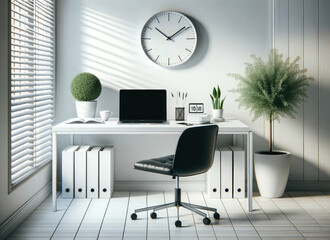 A tranquil minimalist home office setup with a white desk, modern chair, and decorative plants under a simple wall clock.