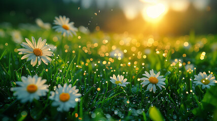 A serene spring meadow with hidden Easter eggs among the wildflowers, early morning dew glistening on the grass