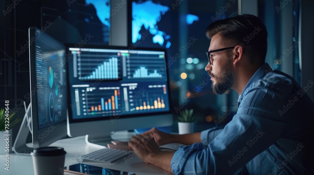 Poster businessman working on computer, analyzing business data, graphs and diagrams in modern office.