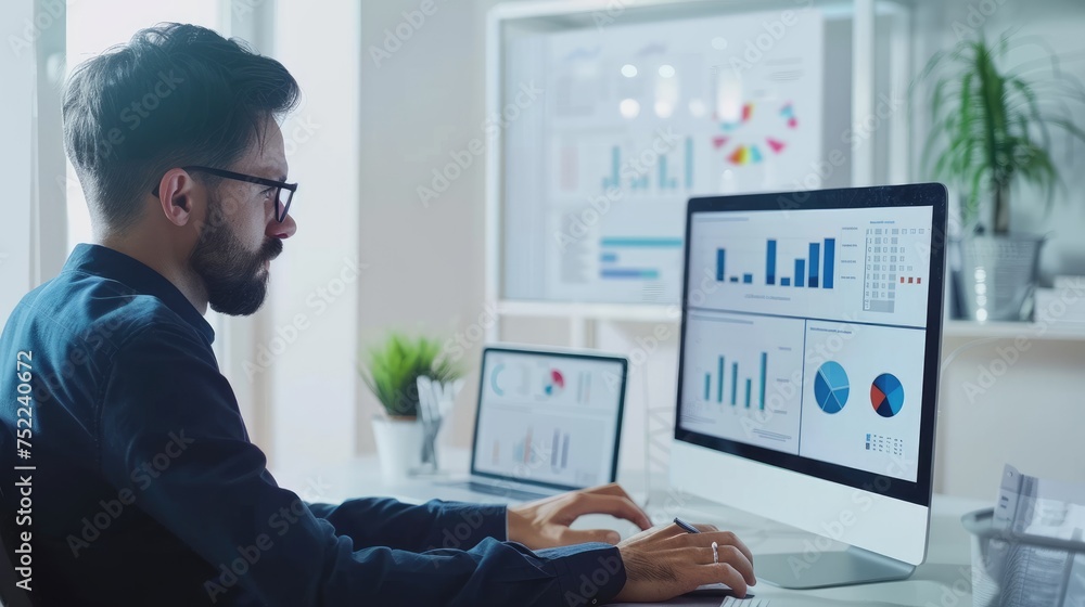 Poster businessman working on computer, analyzing business data, graphs and diagrams in modern office.