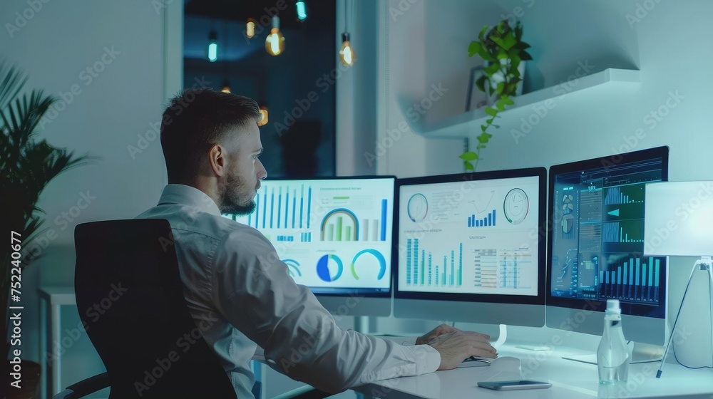 Poster businessman working on computer, analyzing business data, graphs and diagrams in modern office.