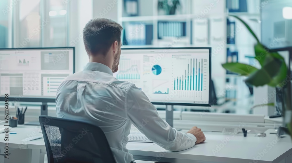 Poster businessman working on computer, analyzing business data, graphs and diagrams in modern office.