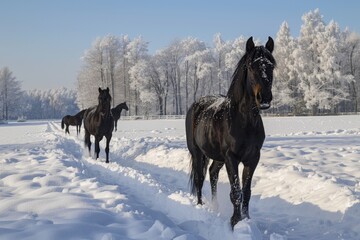 Black horses in a deep snowy in winter.