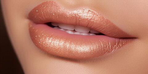 A close up of luscious lips in a natural peach shade, with a slight shimmer that suggests elegance. Ideal for beauty and cosmetic campaigns