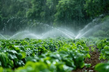 Irrigation of plantation. Sprinkler irrigates vegetable crops.