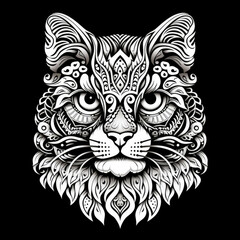 Tiger cat Mandala Style Illustration, black and white