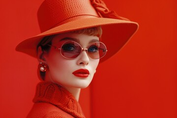 Elegant woman in vintage orange dress and sunglasses and hat