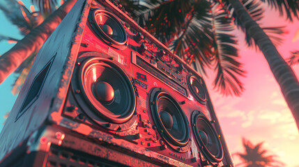 A purple boombox sits in front of palm trees at sunset, against a pink sky. The trees leaves are a vibrant magenta and the font on the boombox is electric blue