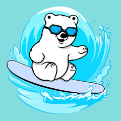 cute polar bear surfing with glasses 