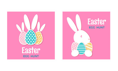 Easter bunny and eggs cut paper with shadow.Easter egg hunt.Set of square template for social media networks.Vector stock illustration.