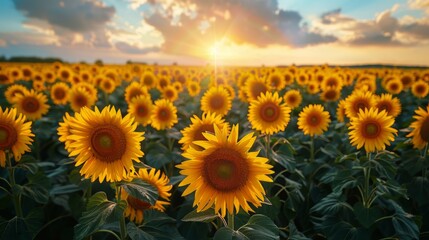 Obraz premium Sunflowers Field With Rainbow