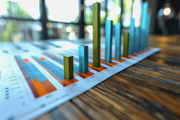 Graph charts that are 3D models are inside the office. Show financial balance. AI generated