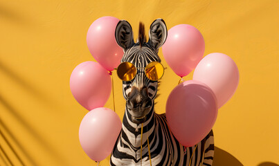 Obraz premium Funny zebra with glasses birthday card with balloons all around on a vibrant yellow background.