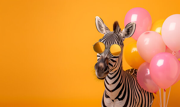 Funny zebra with glasses birthday card with balloons all around on a vibrant yellow background with copy space.