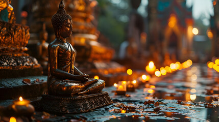 Buddha statue with candle light,Asahna Bucha Day, Buddha statue amidst candles and flowers,A statue of Buddha and a water lotus stands near flowers - obrazy, fototapety, plakaty