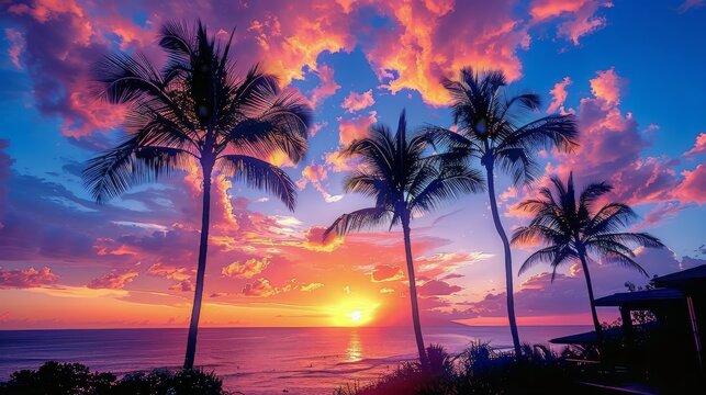 Stunning Sunset Over Ocean With Palm Trees