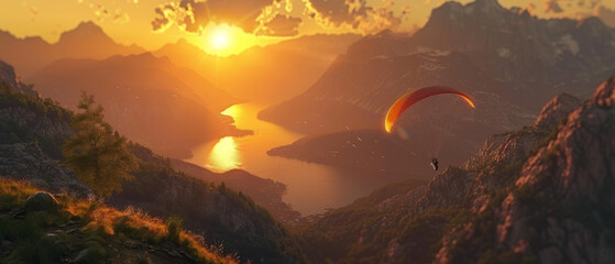 Fototapeta na wymiar person paragliding at sunset over a mountain landscape and lake