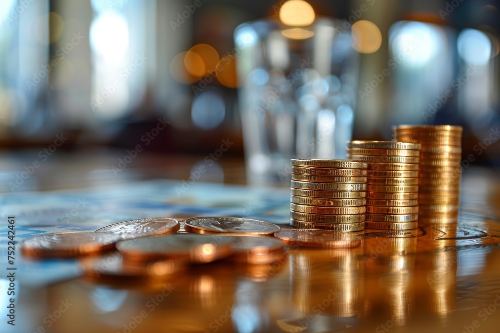 Poster a stack of coins increasing in height on financial graphs, illustrating growth and investment concep