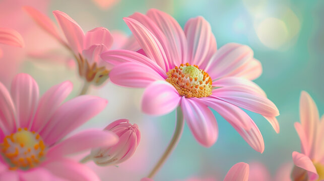 Delicate pink daisies with soft bokeh background.
