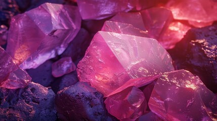 Close-up of radiant pink crystals, glowing mysteriously on a dark rocky surface.