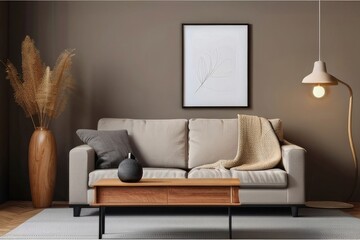Living Room Interior with Brown Leather Sofa and White Leaf Wall Art

