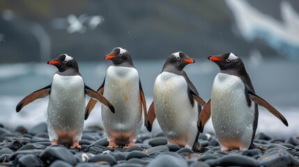 Group of Penguins Standing on Rocky Beach