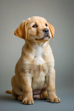 Portrait of a cute little Labrador puppy looking away. The concept of caring for and caring for pets. Veterinarian's Day. Vertical image