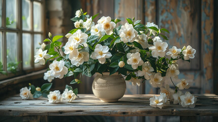 Fleurs de gardénias en intérieur dans un vase sur une table en bois
