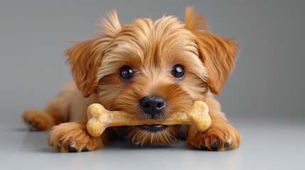 Jeune chien ou chiot de race yorkshire nain mange un os, animal mignon en 3D réaliste