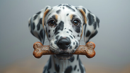 Jeune chien ou chiot de race dalmatien mange un os, animal mignon en 3D réaliste