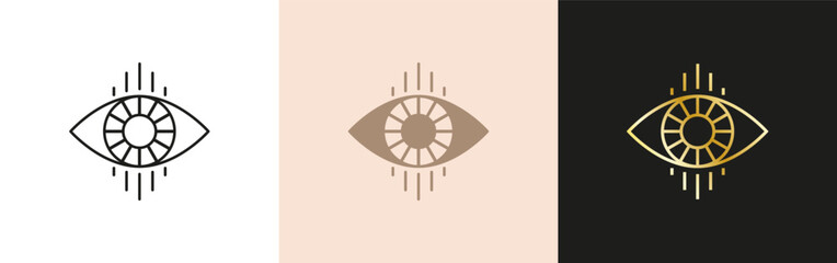 Evil eye icon set. Linear and gold mystic sight	
