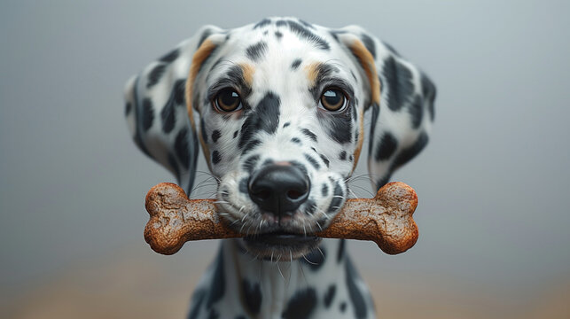 Jeune chien ou chiot de race dalmatien mange un os, animal mignon en 3D r&eacute;aliste
